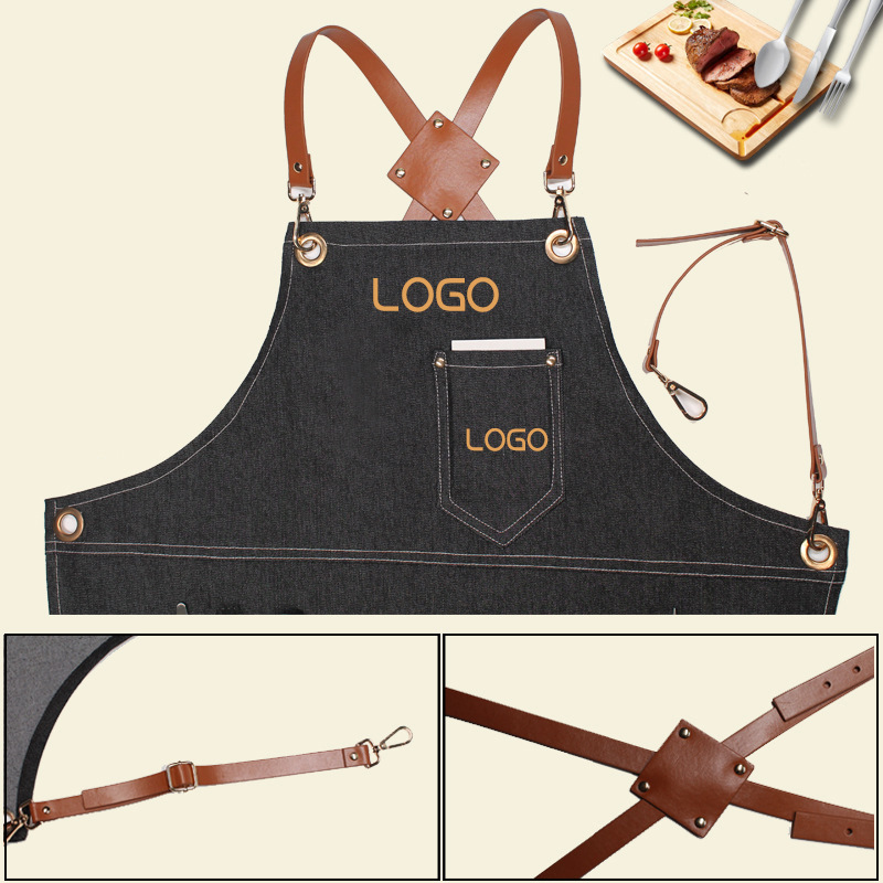 Leatherwork Apron - Florale PU-Lederriemen, Denim-Arbeitsschürze für Barista, Friseur,